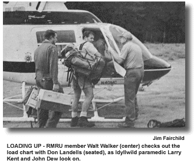 LOADING UP – RMRU member Walt Walker (center) checks out the load chart with Don Landells (seated), as Idyllwild paramedic Larry Kent and John Dew look on. (photo by Jim Fairchild)