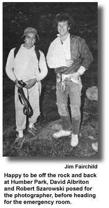 Happy to be off the rock and back at Humber Park, David Albriton and Robert Szarowski posed for the photographer, before heading for the emergency room. (photo by Jim Fairchild)
