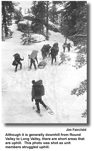 Although it is generally downhill from Round Valley to Long Valley, there are short areas that are uphill.  This photo was shot as unit members struggled uphill. (photo by Jim Fairchild)