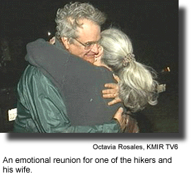 An emotional reunion for one of the hikers and his wife (photo by Octavia Rosales, KMIR TV6)