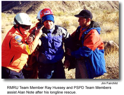 RMRU Team Member Ray Hussey and PSPD Team Members assist Alan Note after his longline rescue. (photo by Jim Fairchild)